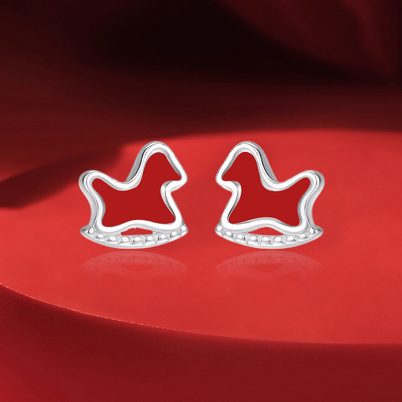 Enamel Rocking Horse Stud Earrings – 999 Pure Silver; featuring a cute, unique design—perfect for the New Year or the Year of the Horse
