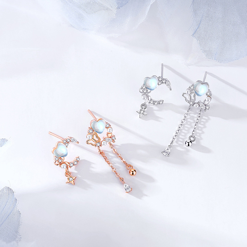 Original Moonstone Butterfly Heart Earrings for Women, 925 Sterling Silver, Forest Style Irregular Tassel Earrings, Ins Niche Design