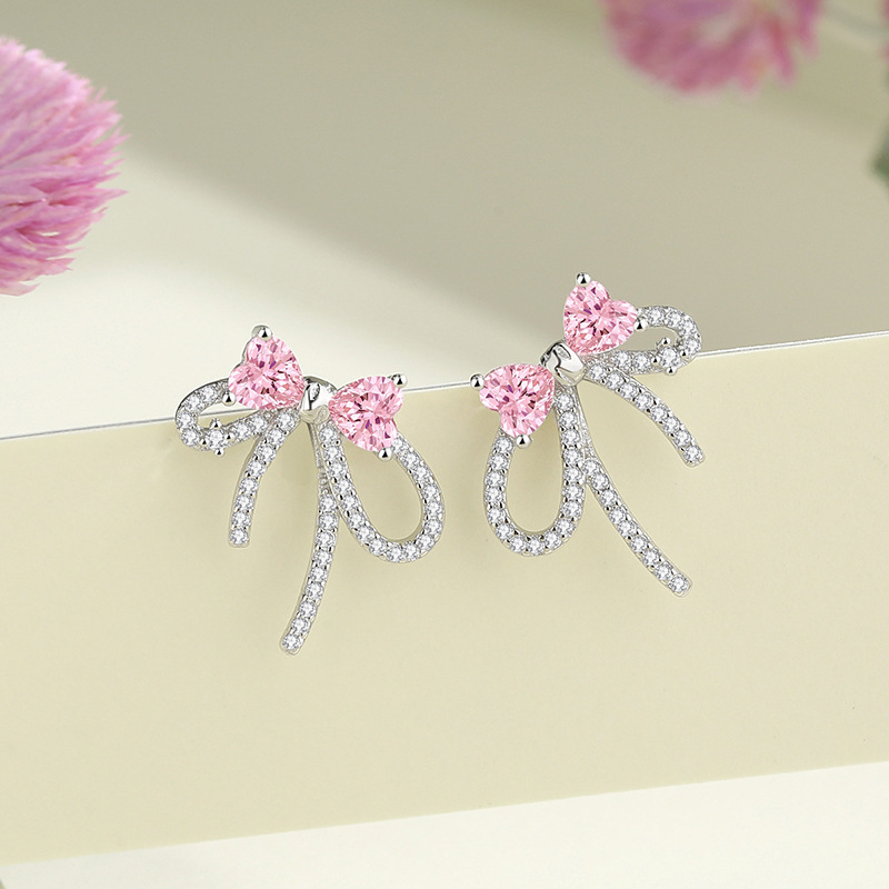 Original design: bow-shaped pink cubic zirconia earrings, made of 925 sterling silver, with a sweet and simple design, featuring a heart-shaped motif, perfect for a youthful and girly look