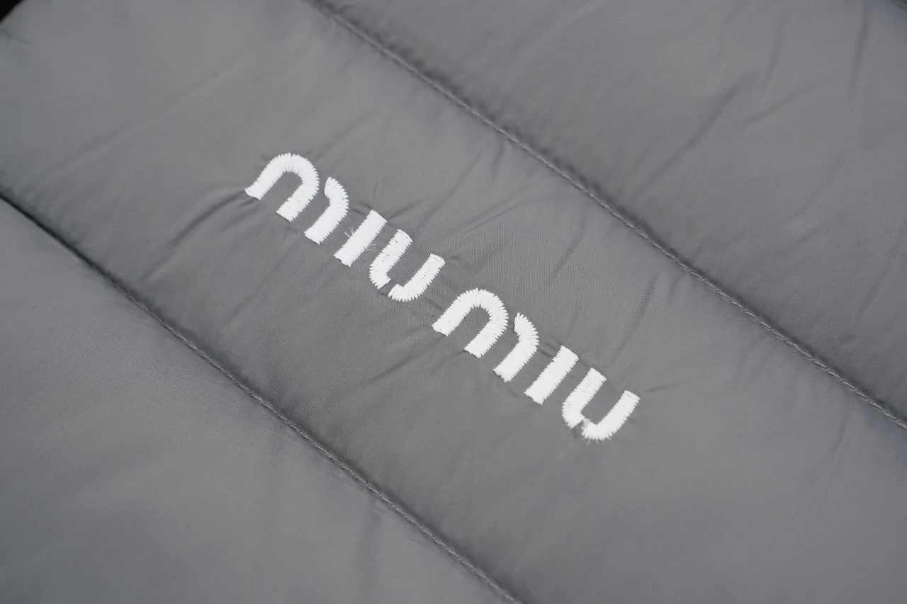 Miu Miu Matte Grey Logo Embroidered Stand Collar Down Jacket product photo from LabelPicks