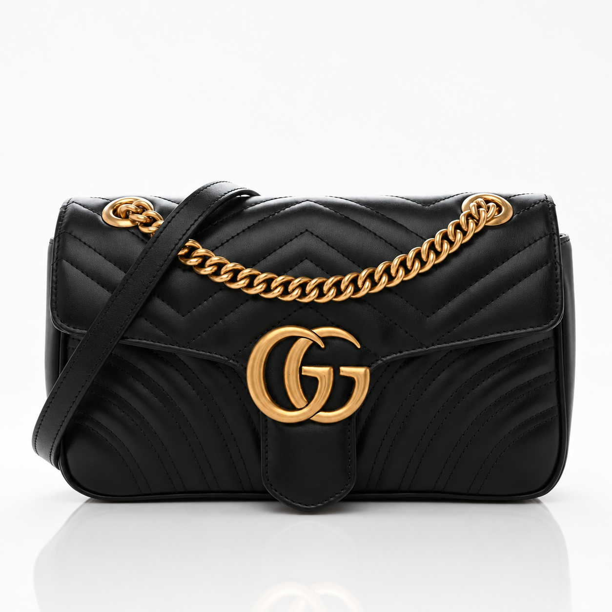 Bolsa Feminina Gucci GG Marmont Pequena em Couro Matelassê Preto Modelo 443497