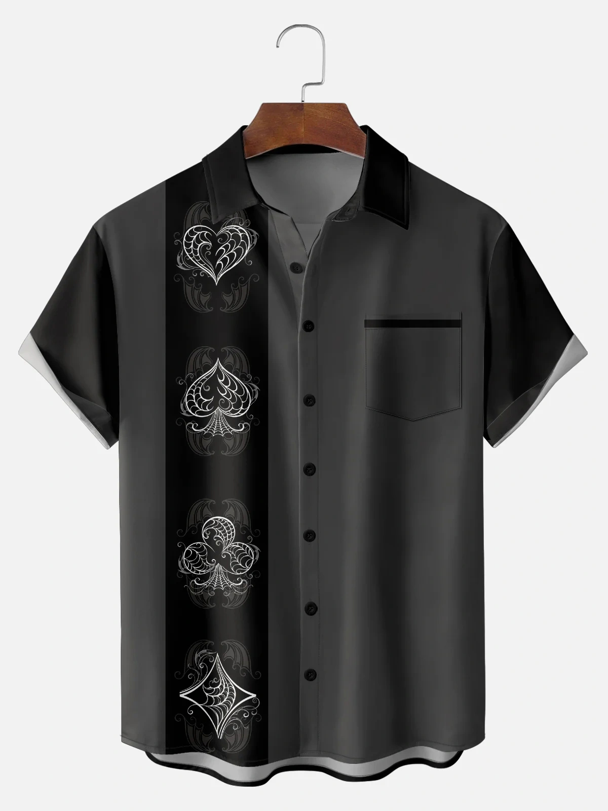 Big Size Moisture-wicking Poker Symbols Chest Pocket Bowling Shirt