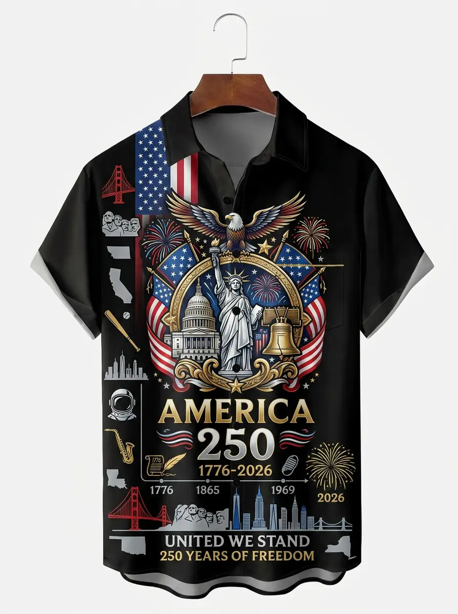 Men's printed shirts, America 250 United We Stand Landmarks Hawaiian Shirt