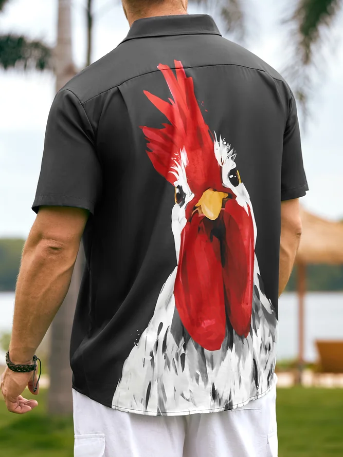 Rooster Chest Pocket Short Sleeve Casual Shirt