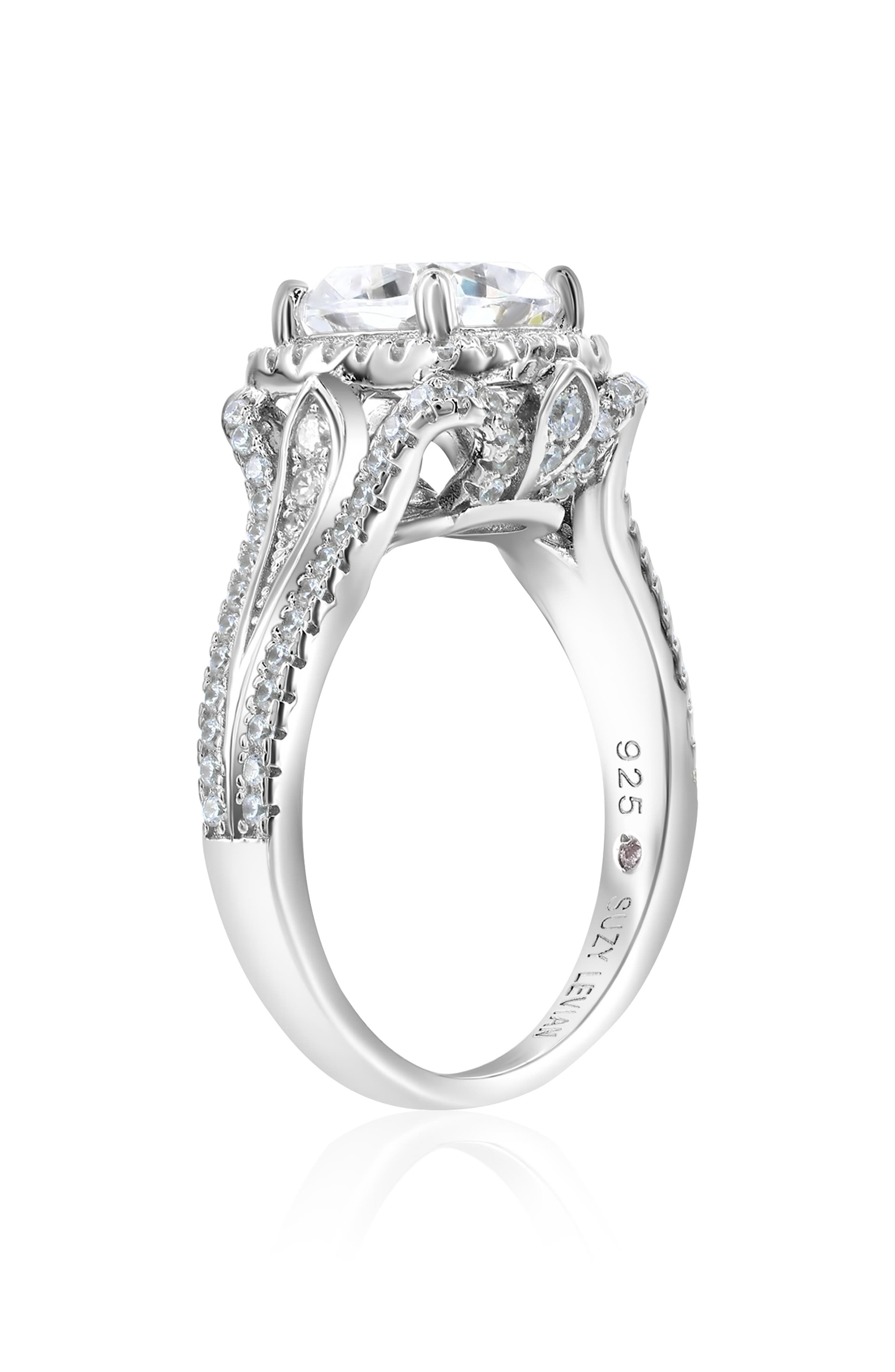 SUZY LEVIAN Sterling Silver Cubic Zirconia Halo Pavé Band Engagement Ring