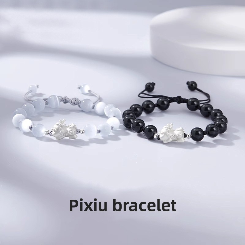 999 pure silver Pixiu couple bracelet, featuring a vintage and artistic Chinese style with obsidian beads, perfect as a Christmas gift