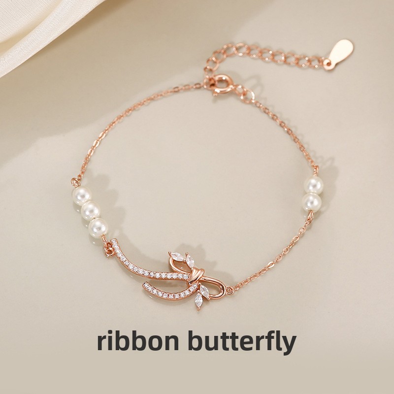 Original ribbon bow bracelet for women, made of sterling silver, featuring a new autumn style, Korean design, and trendy elements, with pearl beads, perfect as a gift for best friends