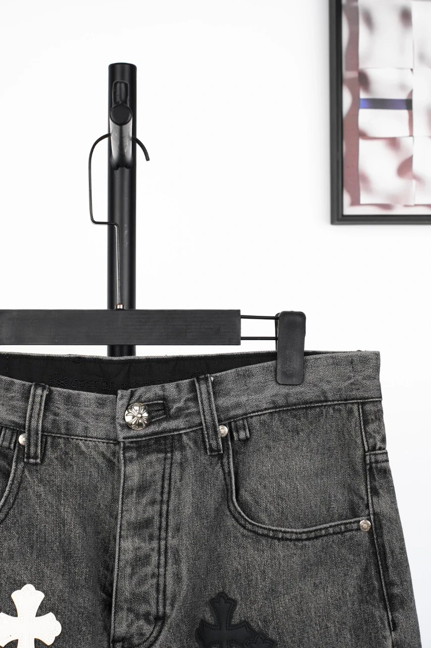 Chrome Hearts Black Grey Flame Cross Leather Patch Jeans product photo from LabelPicks