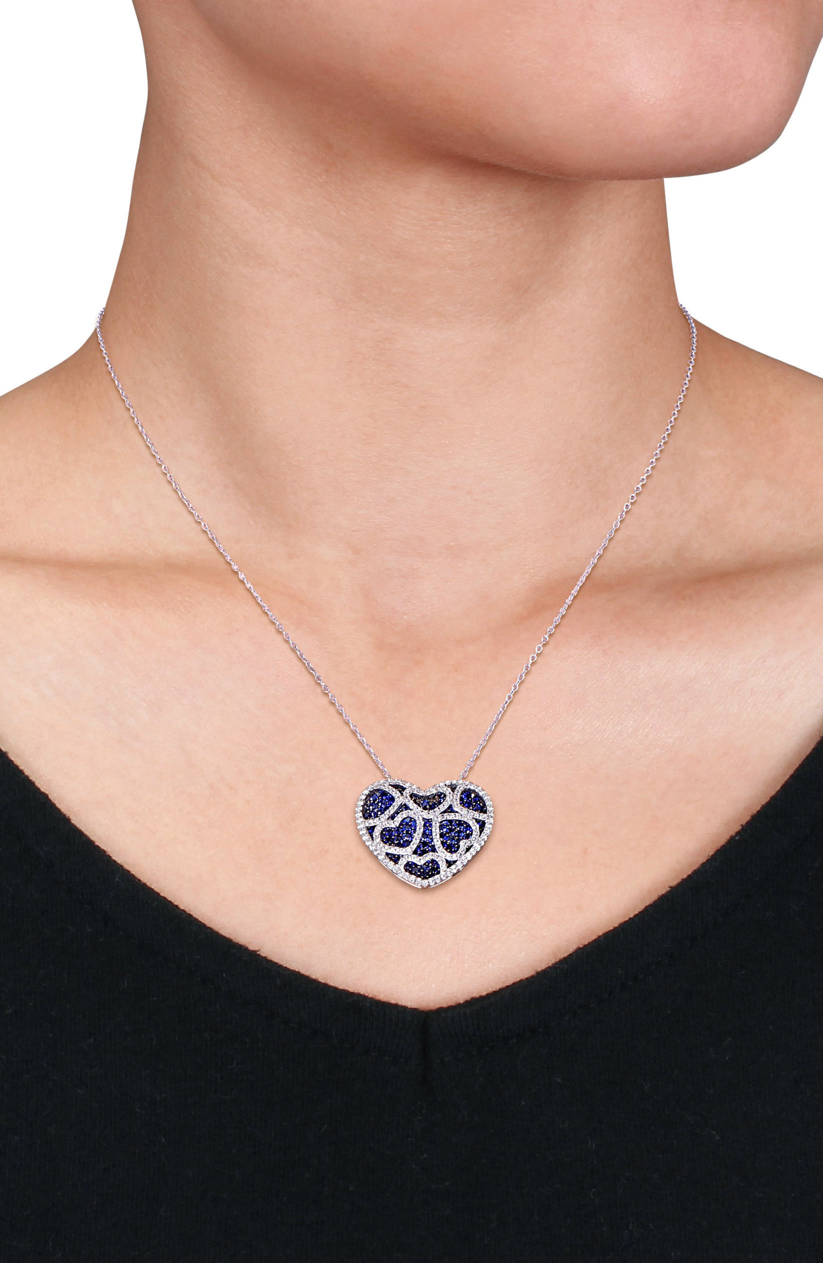 DELMAR Sterling Silver Created Blue Sapphire & Created White Sapphire Heart Pendant Necklace