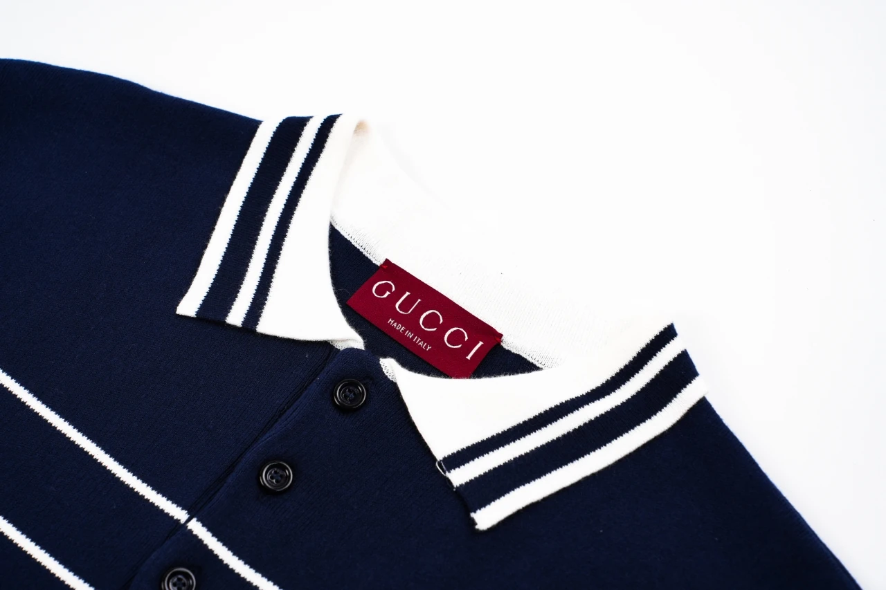 GUCCI Navy White Striped Jacquard Polo Shirt product photo from LabelPicks