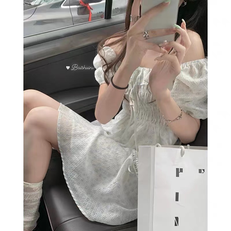 One-shoulder chiffon floral skirt new summer French high-end retro dress