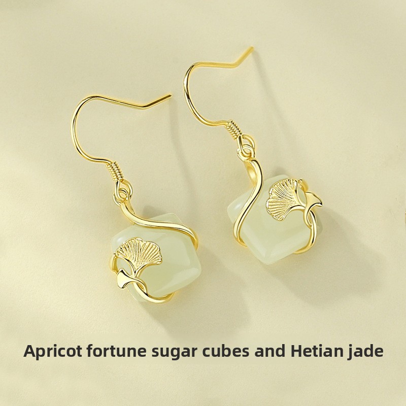 925 sterling silver ginkgo-shaped earrings with Hetian jade accents, original design, featuring a forest-themed ginkgo leaf motif, a trendy Chinese-style earring for women