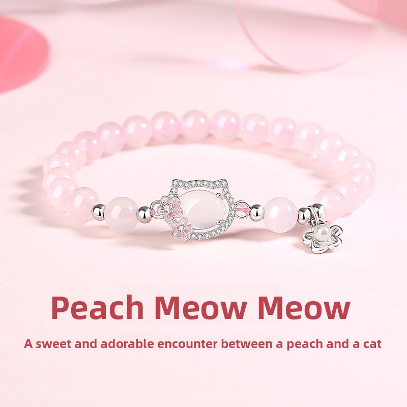 Original Peach Blossom Cat Beaded Bracelet for Women, Trendy and Unique, Girly Style, Cat Charm Bracelet, Floral Design, Best Friend Jewelry