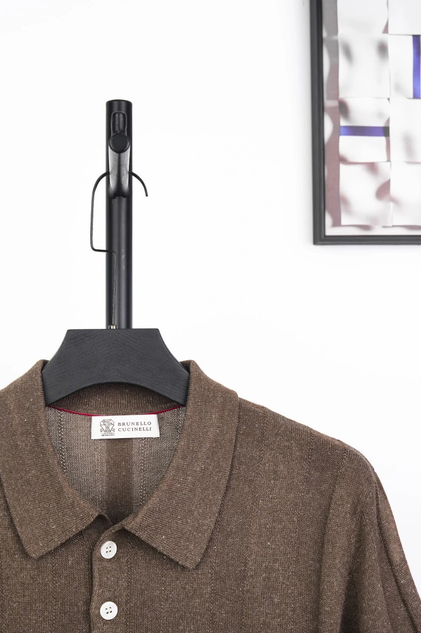 Brunello Cucinelli Brown Linen-Blend Ribbed Polo Shirt product photo from LabelPicks