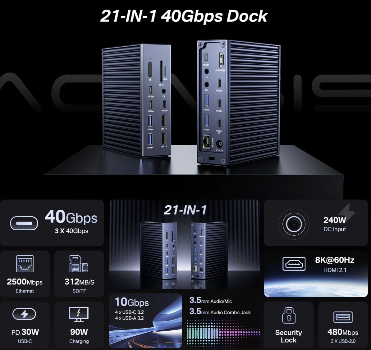 Acasis 21-in-1 Thunderbolt™ 4 Docking Station USB4 Dock / USB-C Hub Expander for Mac/PC 8K HDMI2.1 - GreshamTech
