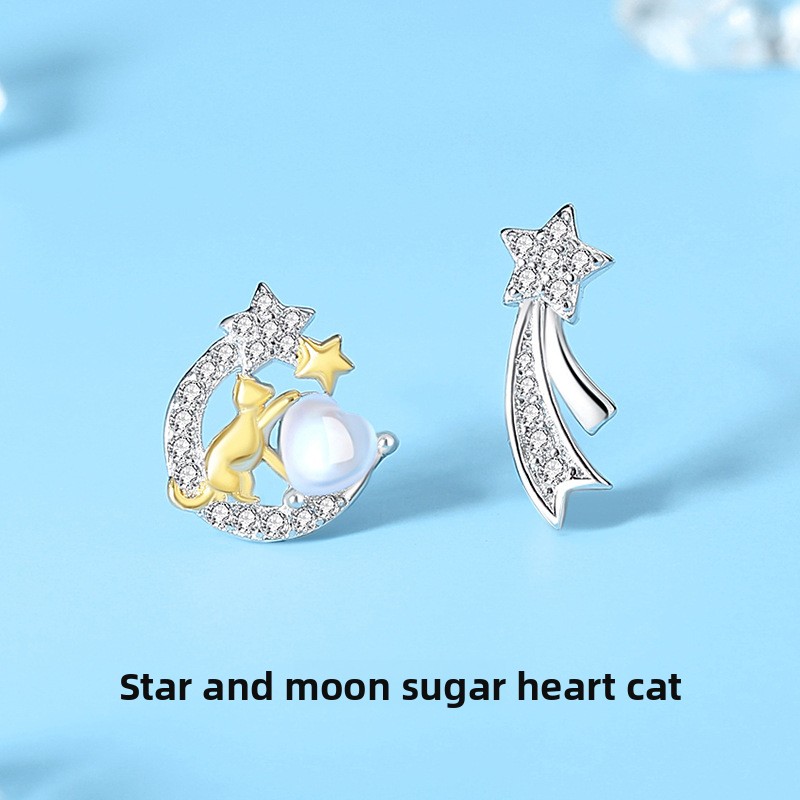 925 Sterling Silver Moon Star Cat Stud Earrings| Moonstone Jewelry