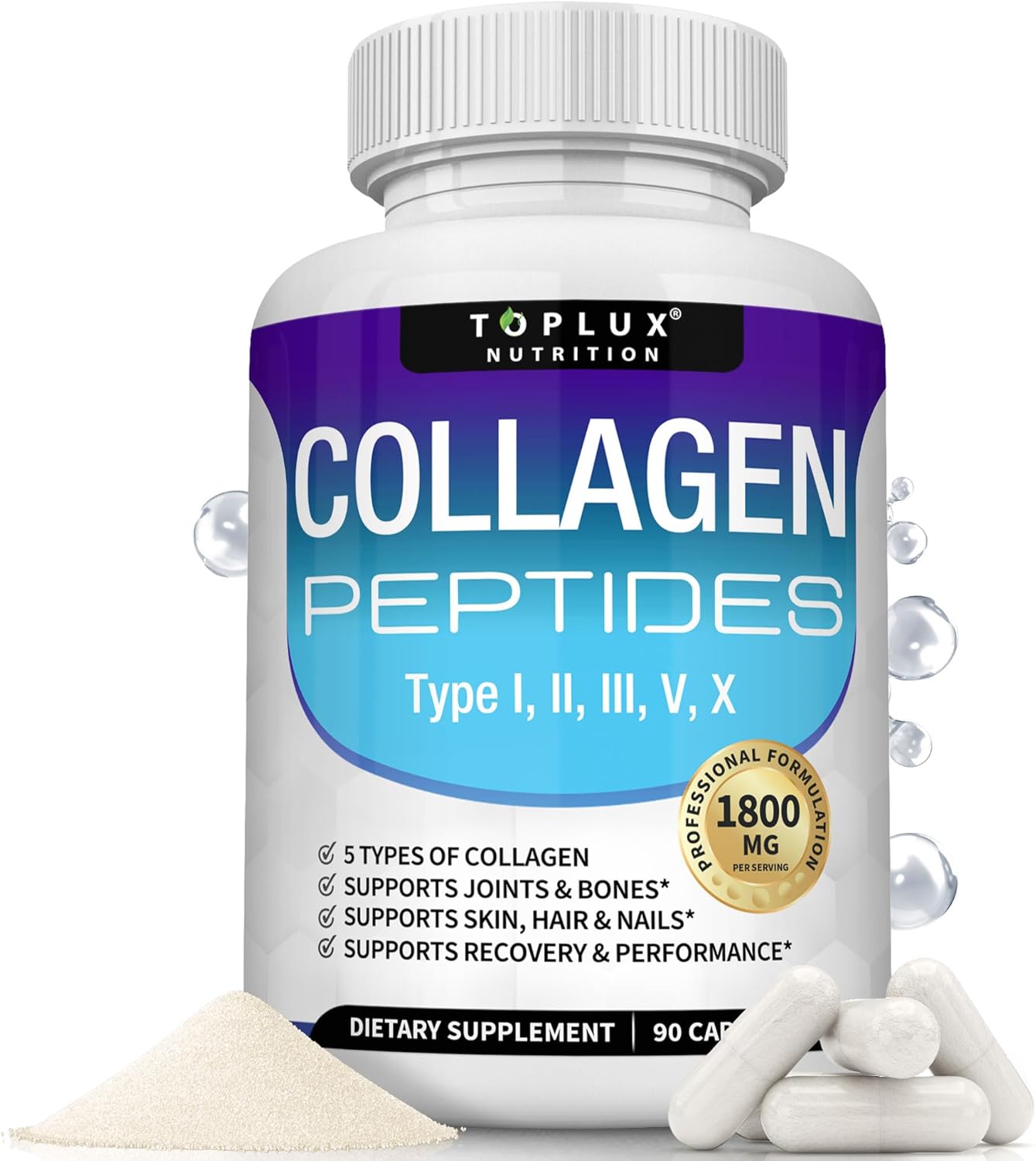 Toplux Multi Collagen Peptides Pills 1800 Mg Complex - Type I, II, III, V, X Premium Collagen Complex for Better Skin & Hair, Strong Joints, Hydrolyzed Protein, for Men and Women, 90 Capsules, Supplement