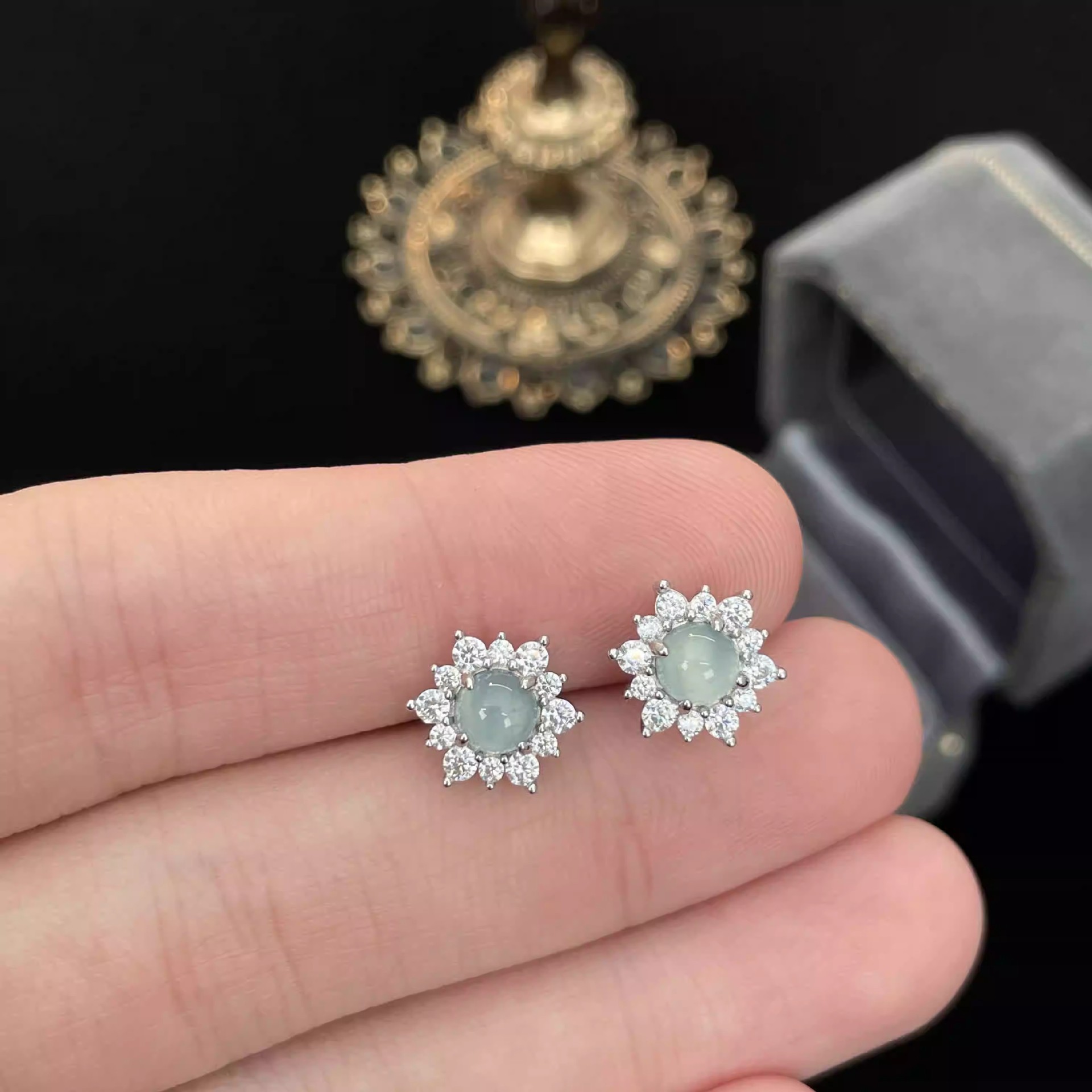 S925 Sterling Silver Blue Jade Sunflower Stud Earrings| Chinese Inspired Jewelry