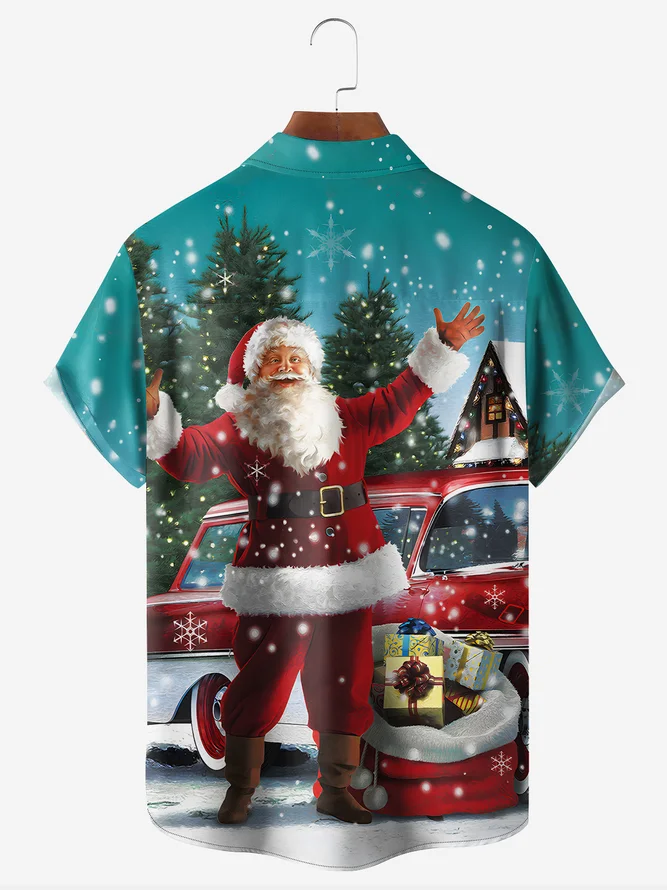 Santa Claus Chest Pocket Short Sleeve Hawaiian Shirt