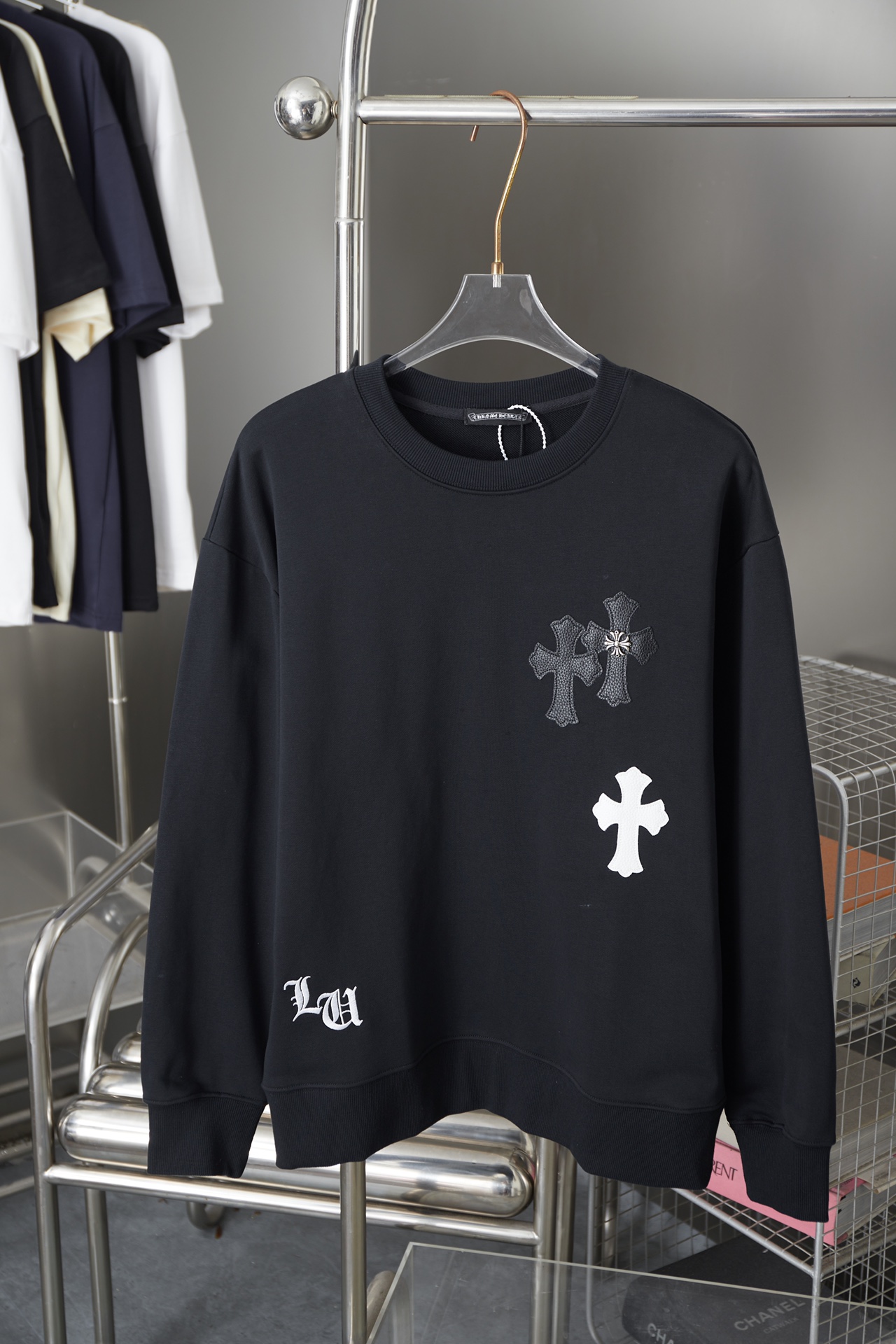 Leather Patch Embroidered Long Sleeve Sweatshirt