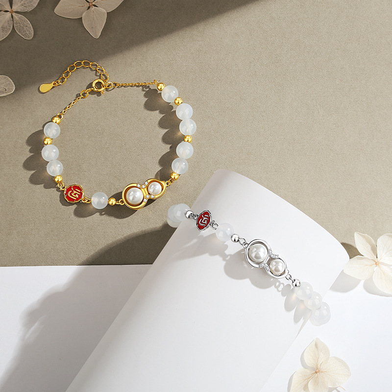 Original Fortune Gourd Chalcedony Bracelet for Women, 925 Sterling Silver, Retro Chinese Style, New Chinese Design, with Pearl Beads