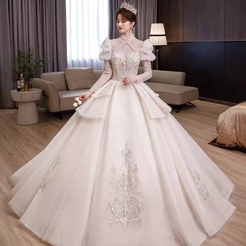 Premium court style main wedding dress 2021 long-sleeved luxury high-waisted ceremony yarn trailing wedding dress