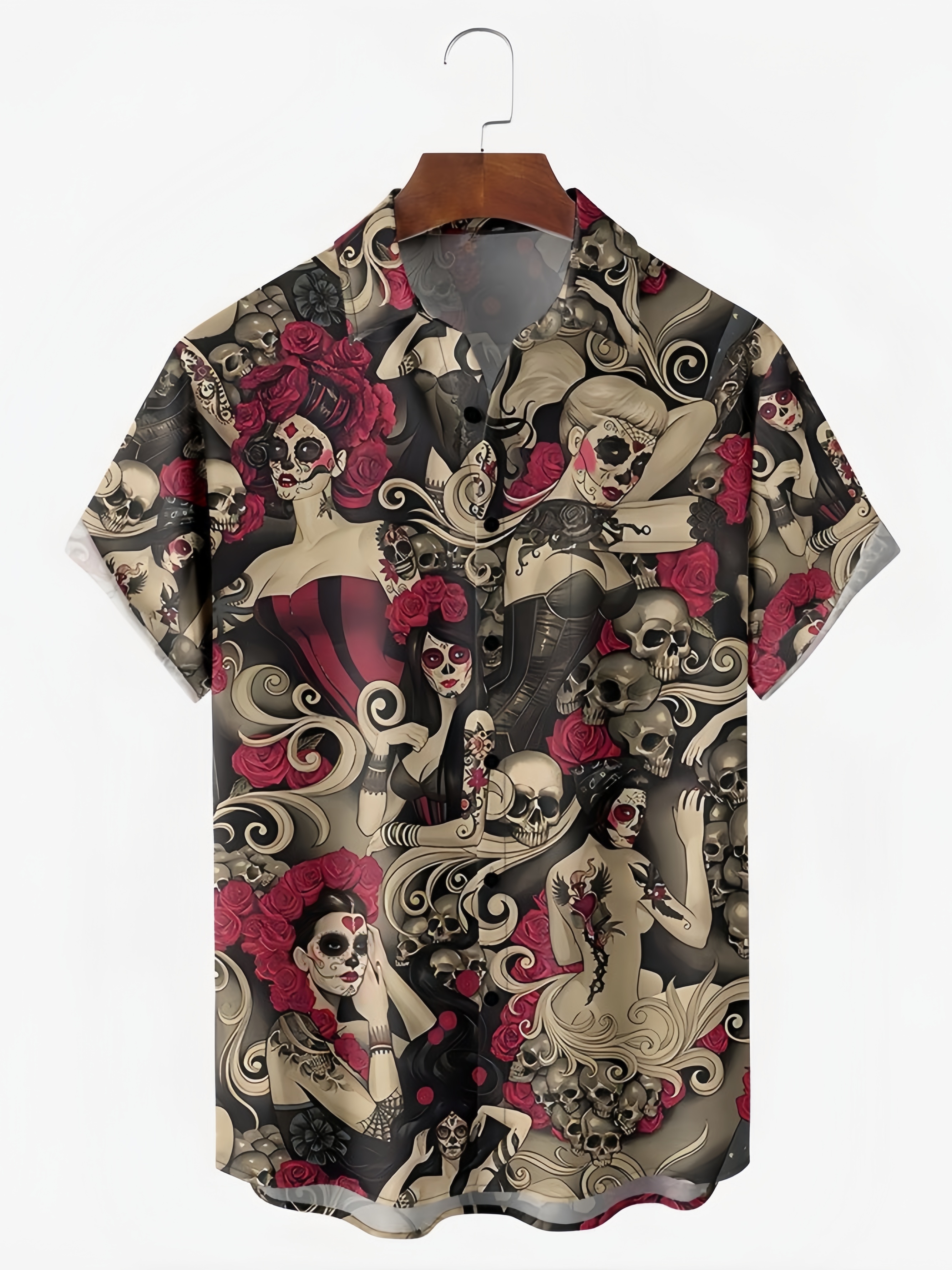 Day of the Dead Skull Girls Chest Pocket Short Sleeve Casual Shirt