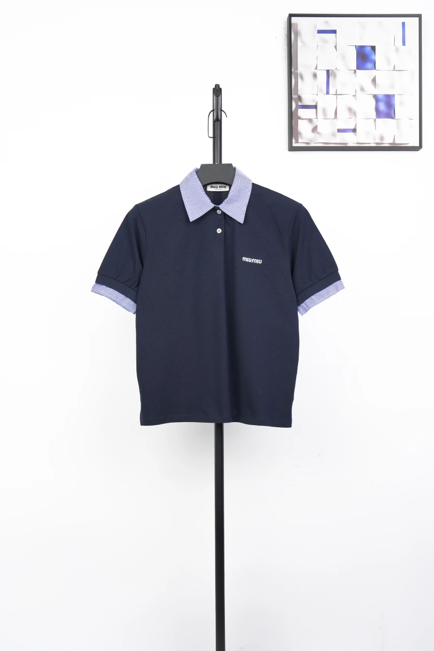 Miu Miu Navy Blue Check Short Sleeve Polo Shirt product photo from LabelPicks