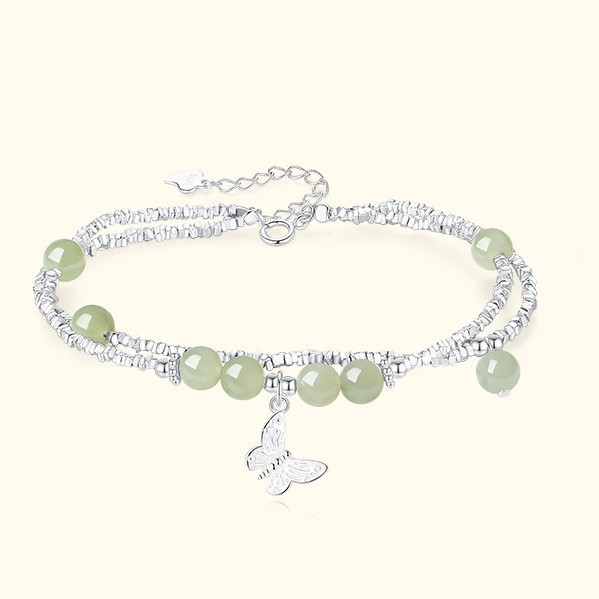 S925 sterling silver butterfly and Hetian jade bracelet, vintage new Chinese style, trendy and unique design, double-layer bracelet