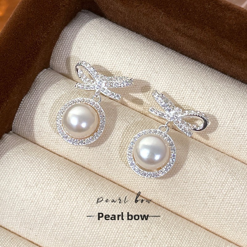 925 sterling silver bow pearl earrings, Korean-style, simple and delicate, mosquito coil-shaped, with cubic zirconia, French retro style