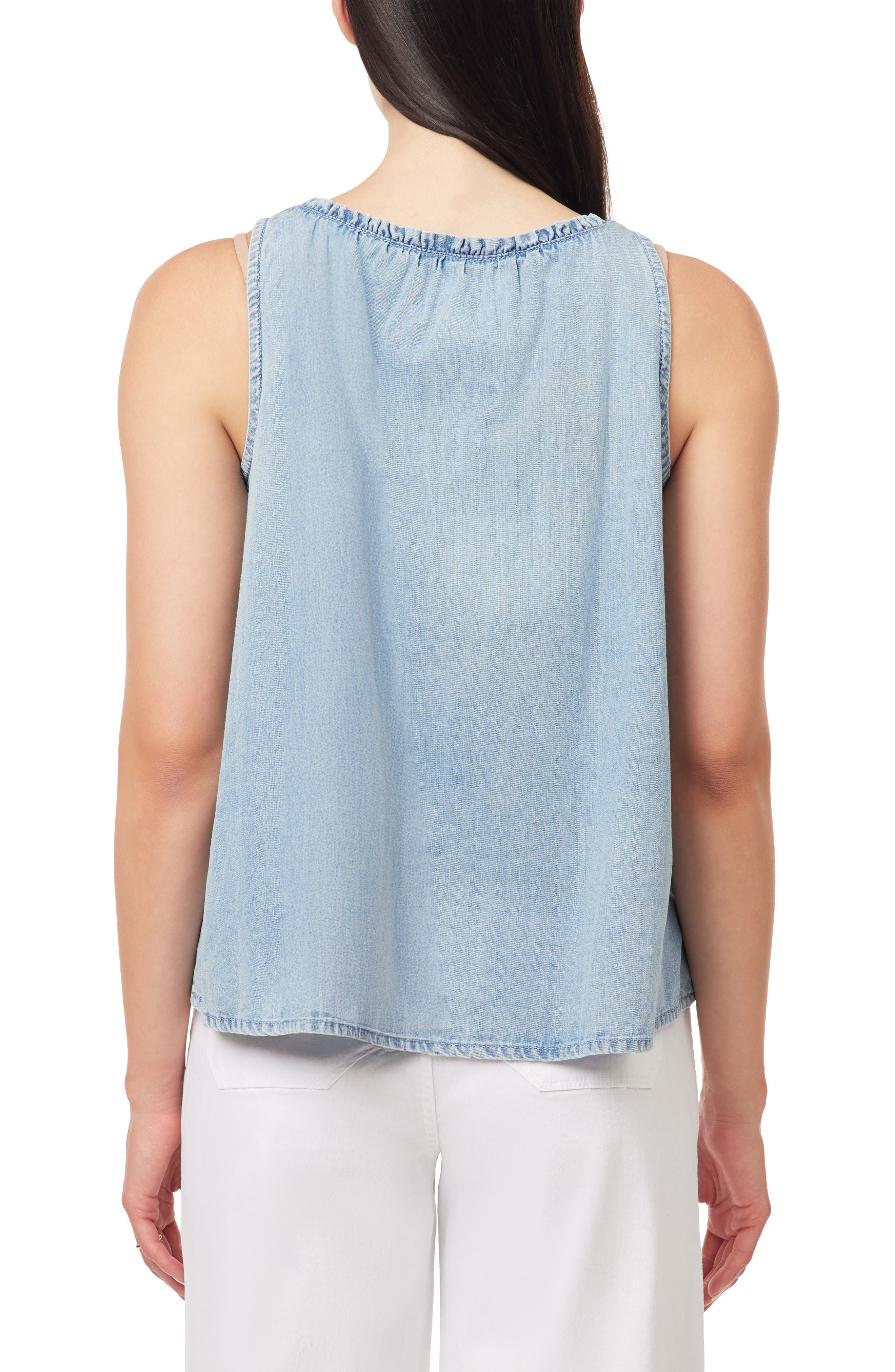 Kensie Ruffle Tie Neck Chambray Tank