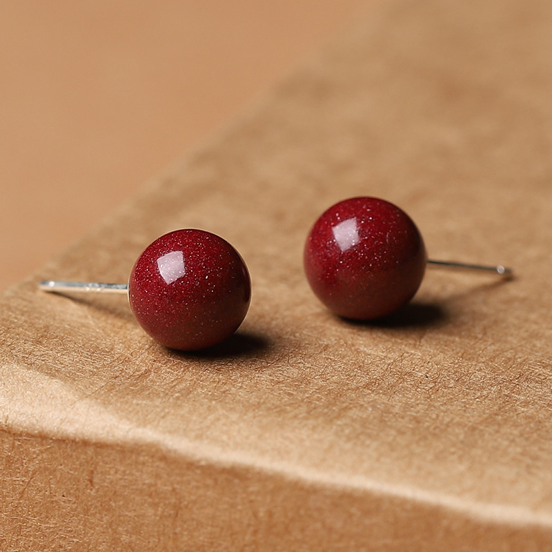 999 pure silver cinnabar red bean earrings for women, light luxury, retro, new Chinese style, red zodiac year earrings, silver needle earrings