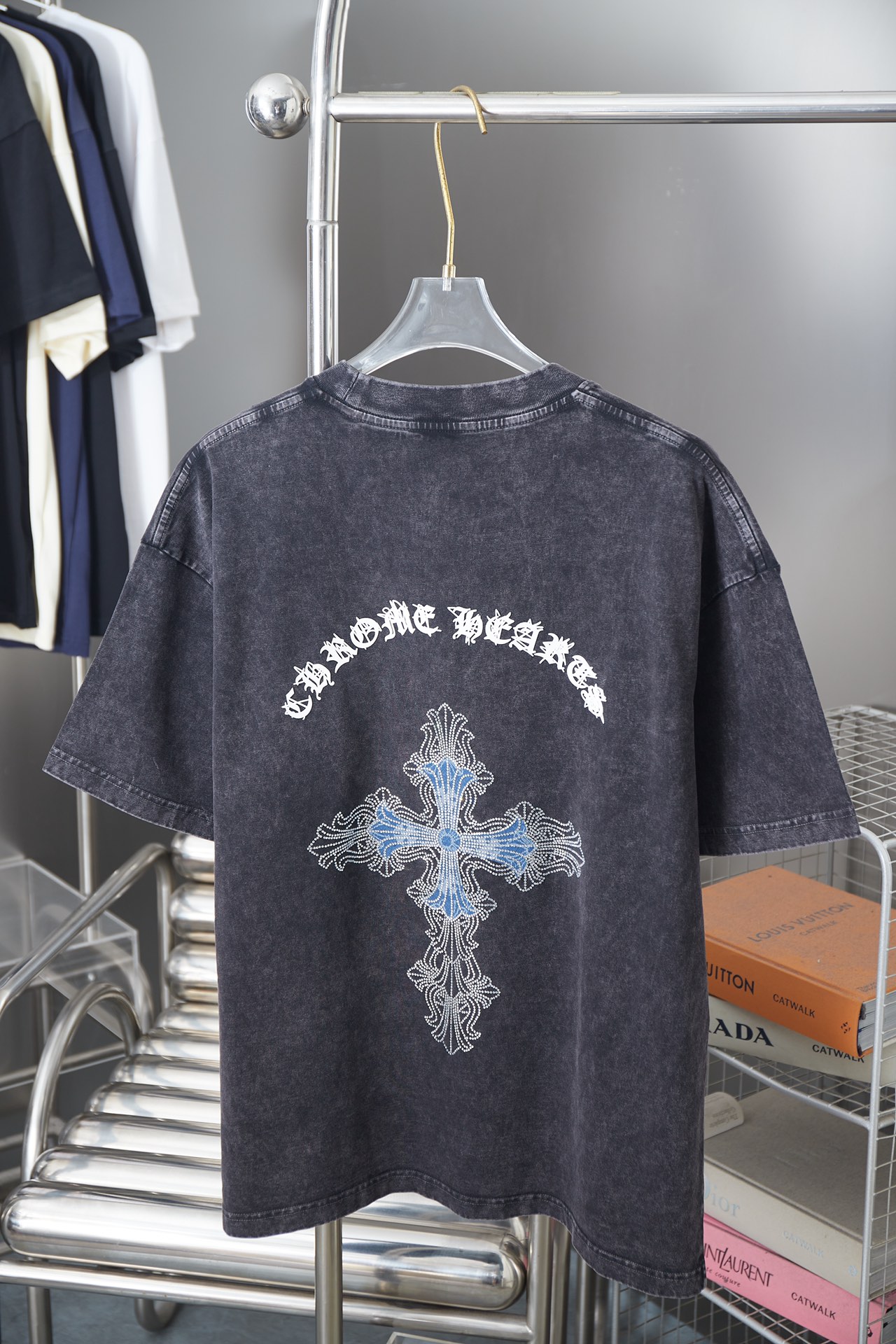 Cross Hot Diamond Print Washed Round Neck T-Shirt