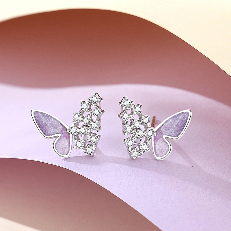 Original 925 sterling silver butterfly earrings for women, forest style, fresh and delicate, full of diamonds, enamel earrings, niche fashion accessories
