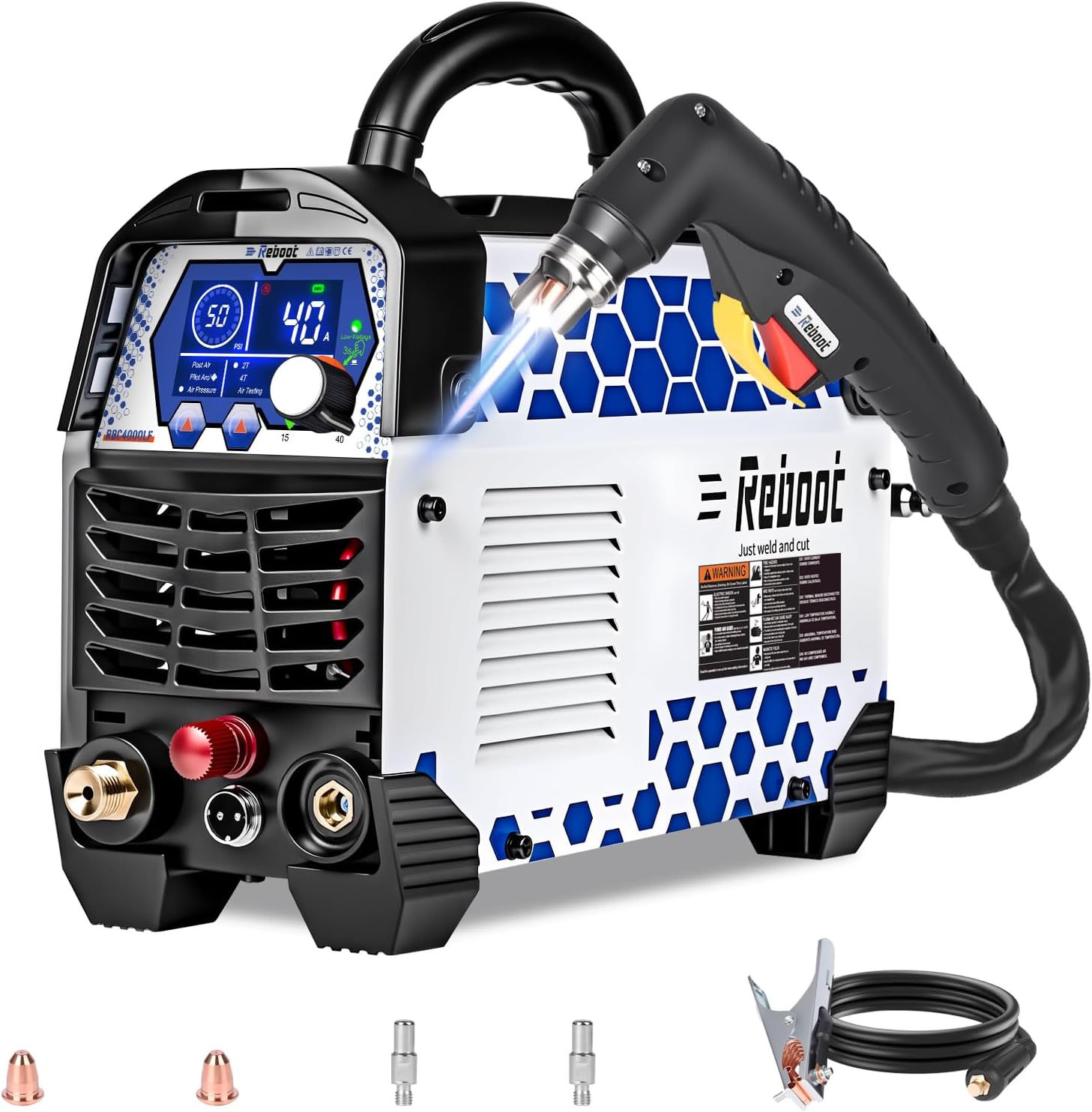 Reboot Plasma Cutter Non-High Frequency Non-Touch Pilot Arc, 120V/240V Dual Voltage, 1 Inch Max Cut 5/8 Inch Clean Cut, Mesh Cutting, 2T/4T, Large LED Display for Beginners DIY