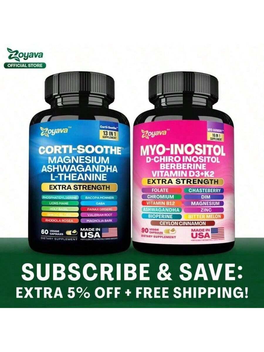 Zoyava Soothe & Smooth-Myo-Inositol + Cortisol Precision - All-In-One Multivitamin|   Extra Strength Twin Pack
