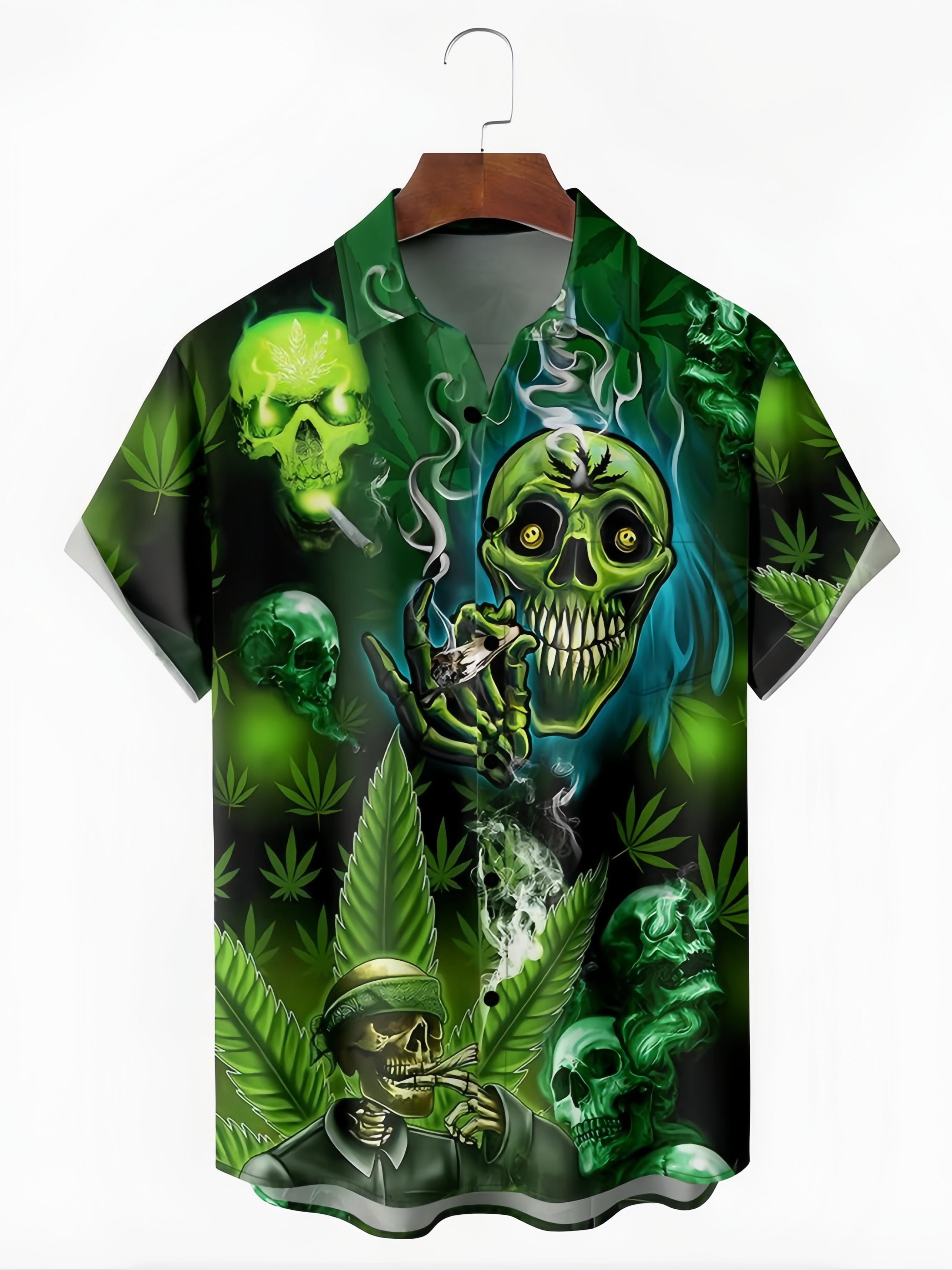 Hippie Music Skeleton Chest Pocket Short Sleeve Hawaiian Shirt