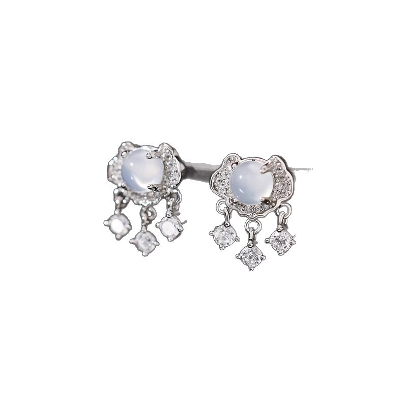 White chalcedony peace lock earrings, retro Chinese-style, versatile and elegant, simple new Chinese-style earrings