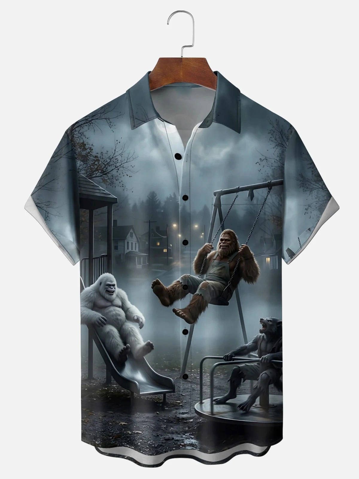 Moisture-Wicking Gradient Amusement Park Bigfoot Swing Chest Pocket Hawaiian Shirt