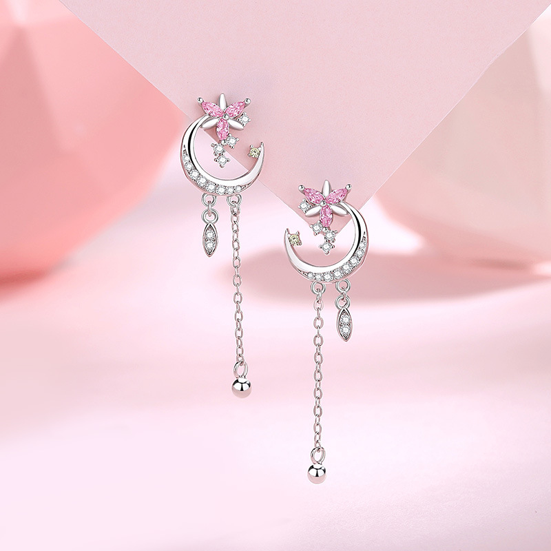 Original Moon Wind Chime Flower Earrings for Women, Pure Silver, Niche Summer Forest Style, Flower Tassel Ear Thread, Micro Inlaid Zirconia Earrings