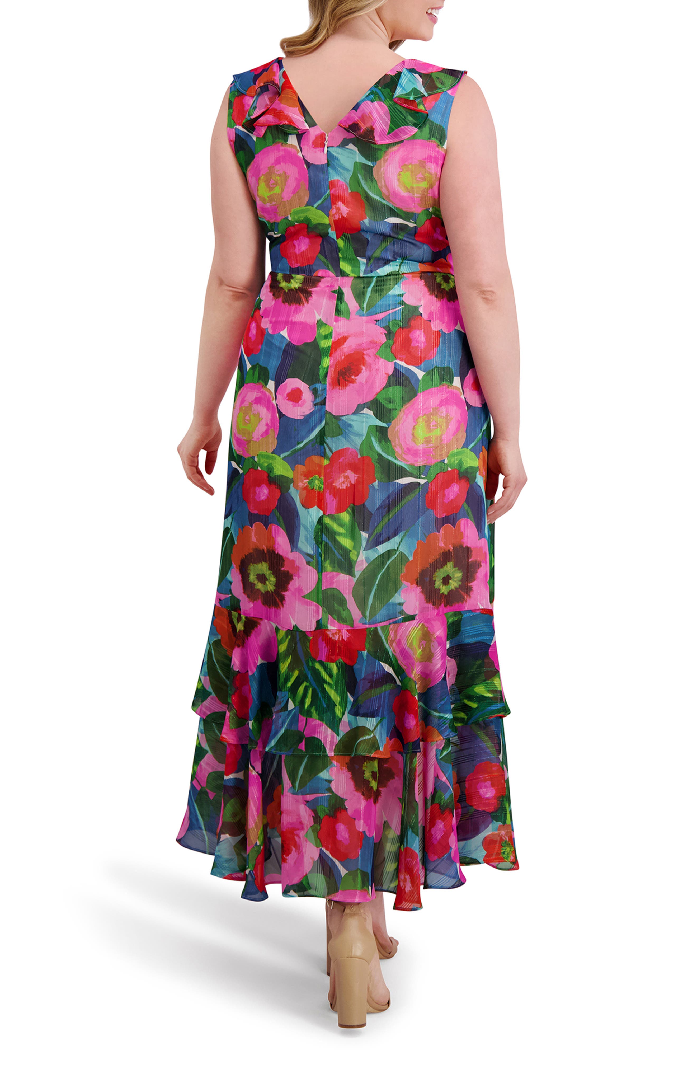 Kensie Print Ruffle High-Low Midi Dress