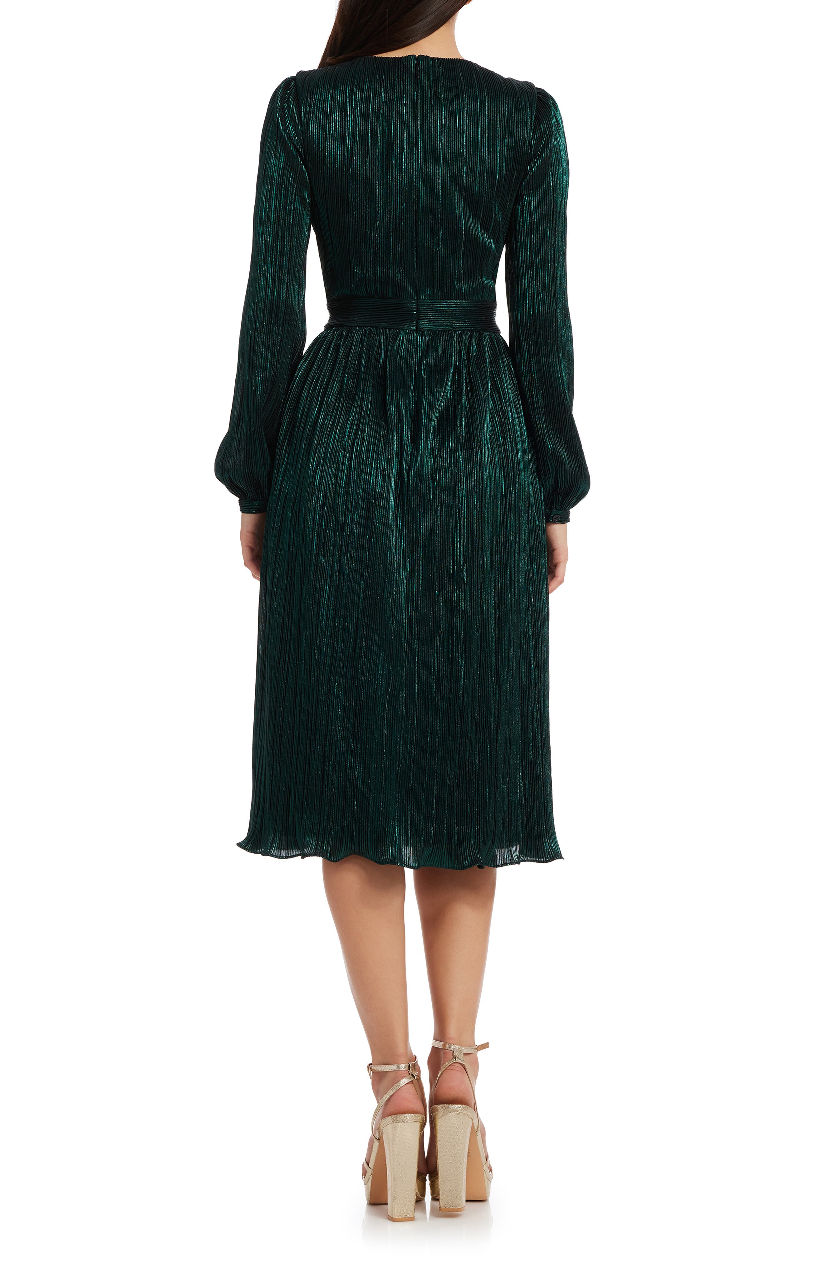 Dress the Population Holly Long Sleeve Metallic Plissé Dress