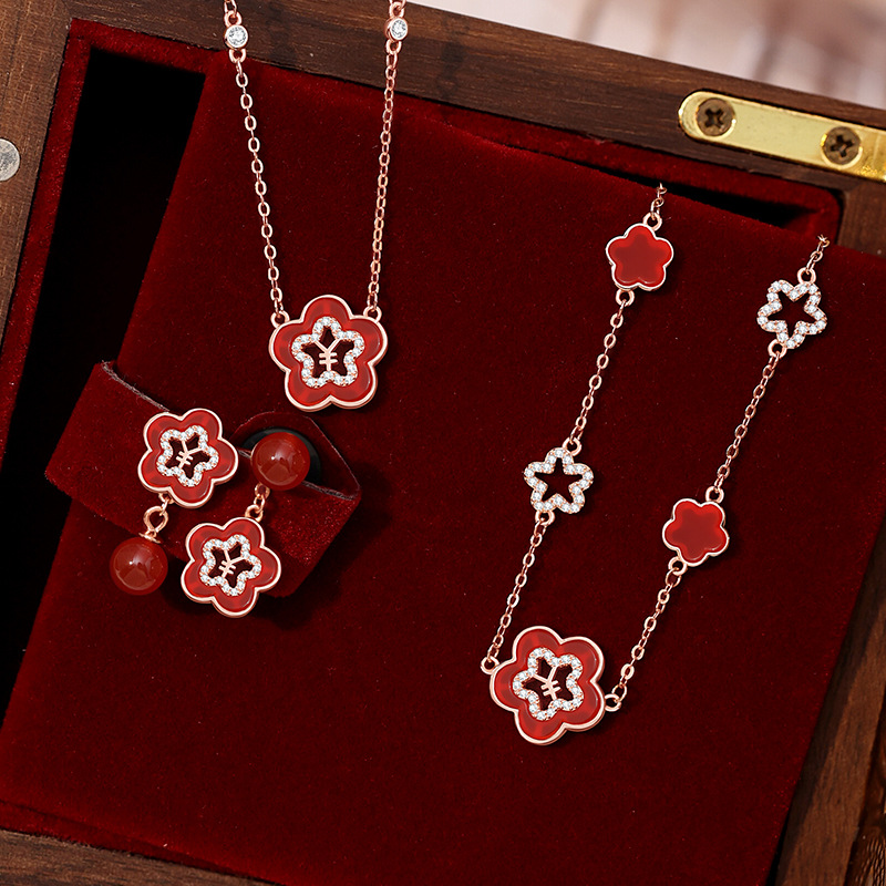 Original Lucky Money Flower Earrings, Sterling Silver, Forest-Themed, Unique Design, Coin and Flower Motifs, Red Agate Earrings, New Year Earrings