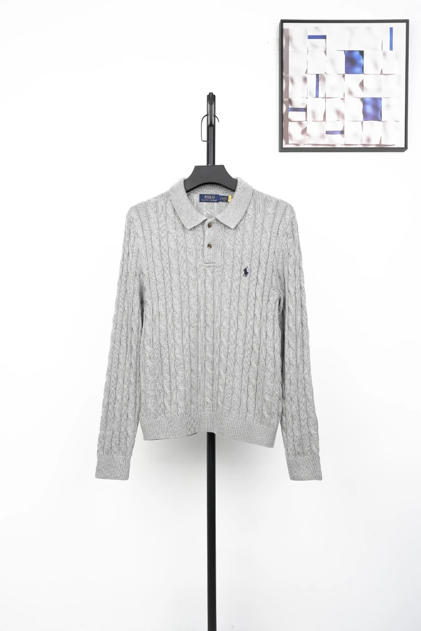 Ralph Lauren Light Grey Pony Embroidered Cable Knit Long Sleeve Polo Sweater product photo from LabelPicks