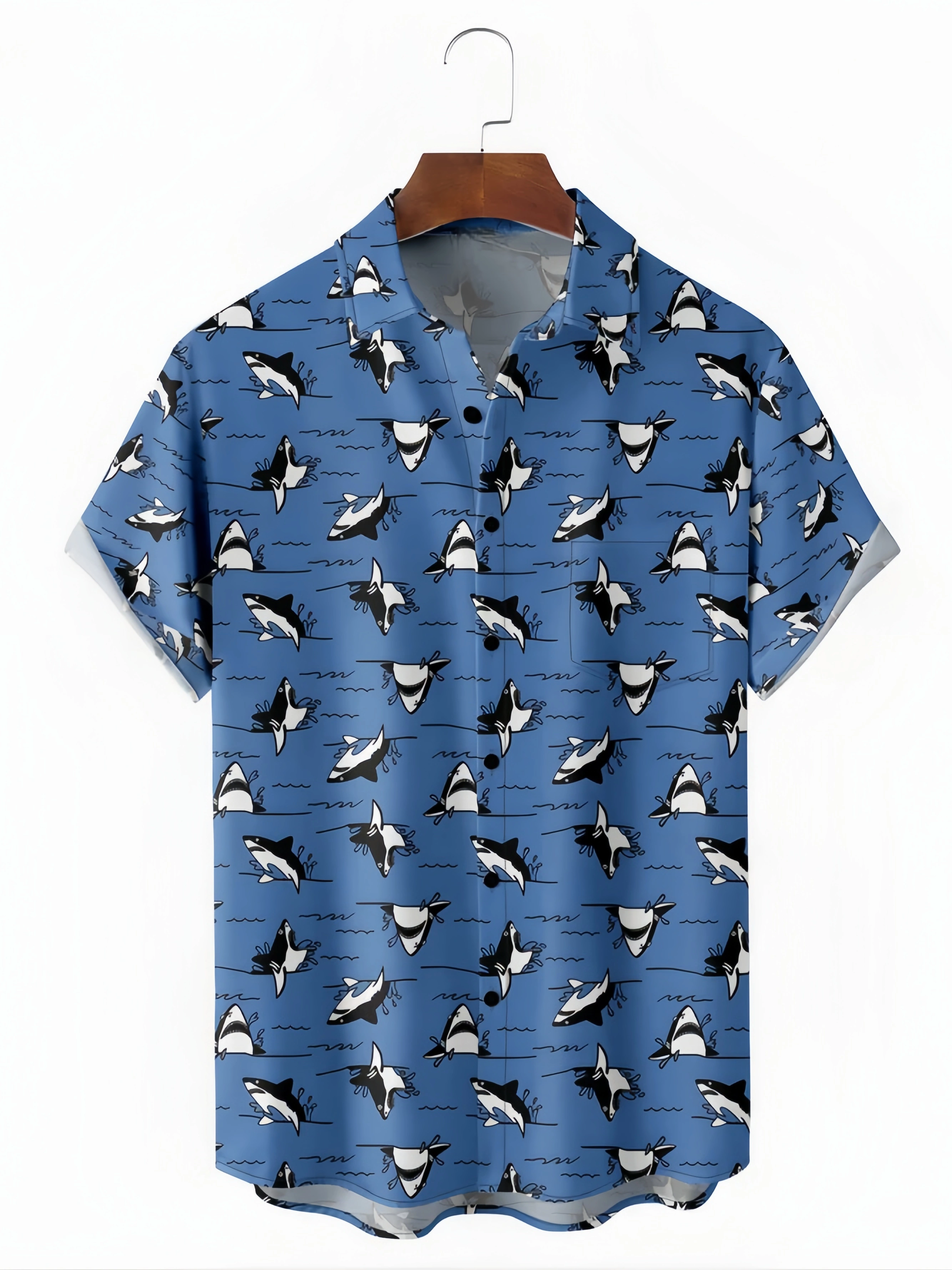 Shark Chest Pocket Short Sleeve Hawaiian Shirt