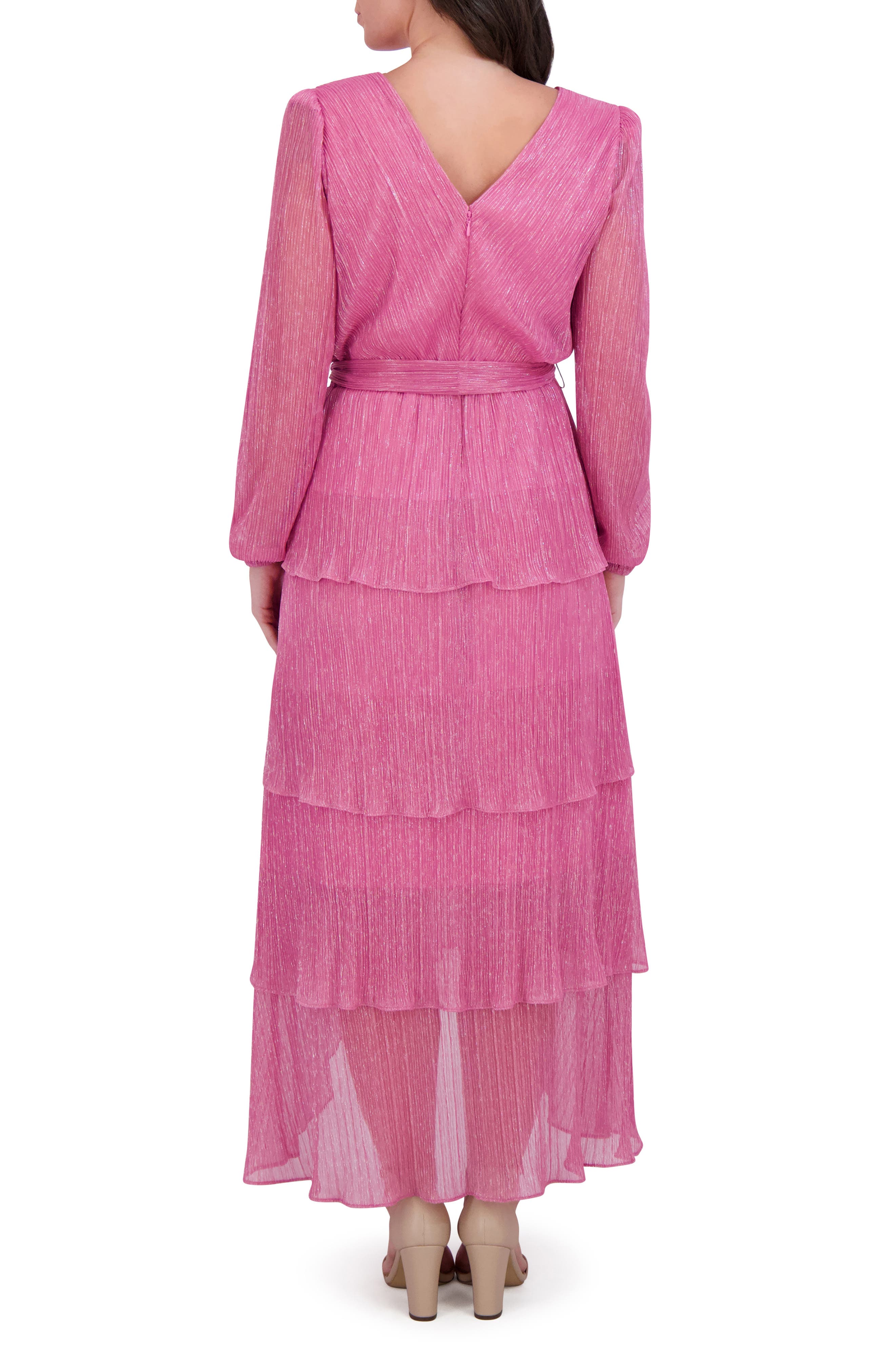 Kensie Shimmer Knit Long Sleeve Tiered Ruffle Dress