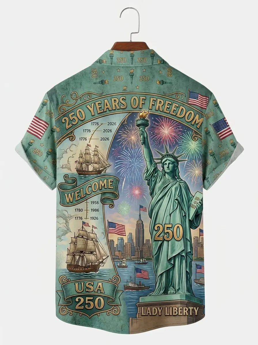 Men's printed shirts, Lady Liberty 250 Years of Freedom Vintage Aloha Shirt