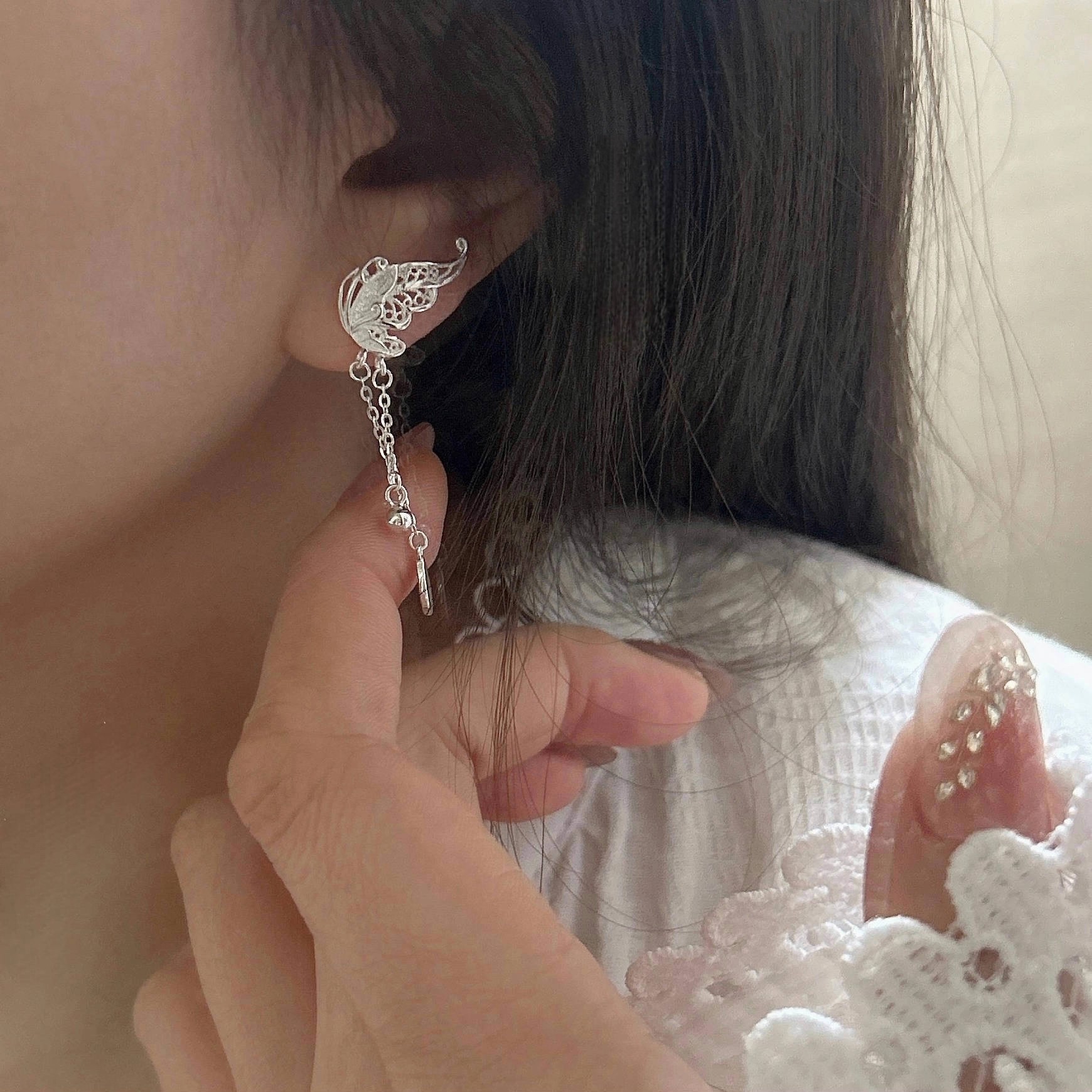 S925 Sterling Silver Filigree Butterfly Dangle Earrings| Beaded Tassel Design