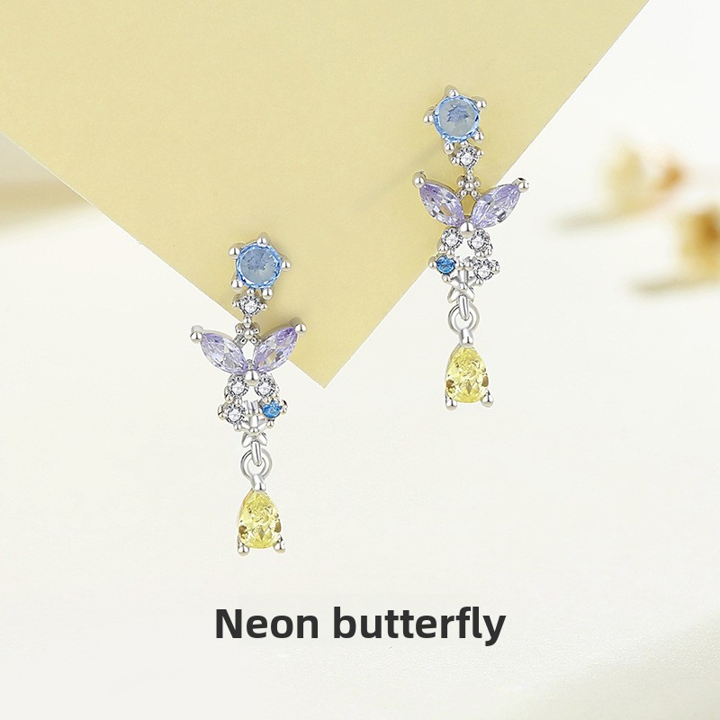 Neon Butterfly Earrings for Women 925 Sterling Silver Niche Micro-Inlaid Zirconia Girl's Atmospheric Earrings Ins Style Drop Earrings