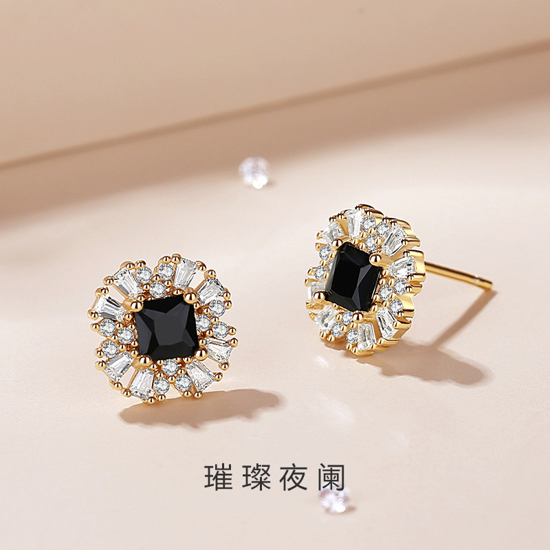 925 sterling silver new model dazzling black zirconia stud earrings for women, French style, compact vintage ins earrings, simple design ear accessories